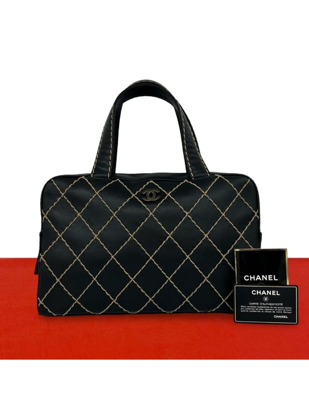 Chanel CC Logo Wild Stitch Leather Mini Boston Bag Black